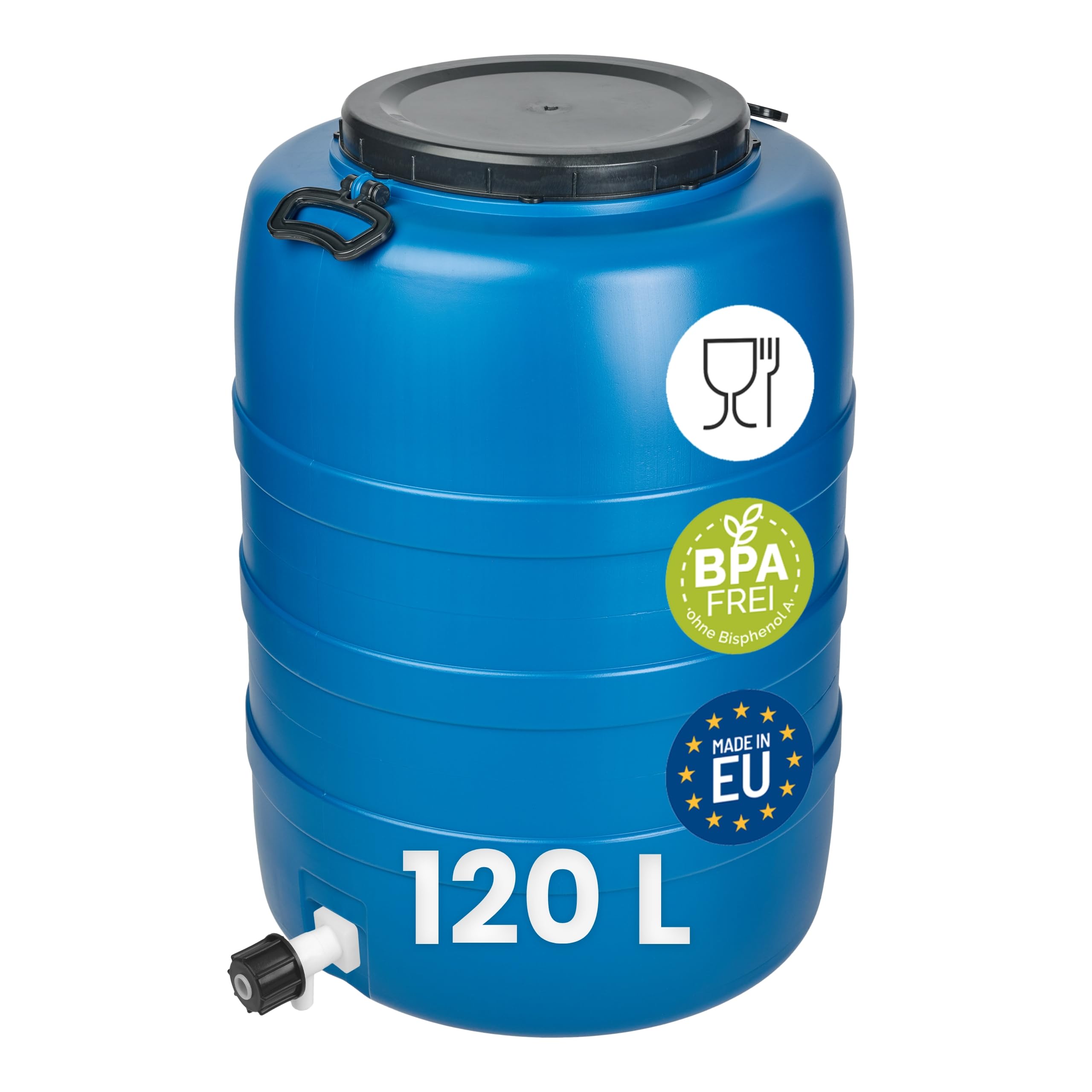 Garronda 120 L con Grifo Bidon Agua Barril de Plástico HDPE con Grifo como Contenedor y Deposito Agua y Alimentos para Almacenamiento, Fermentación y Recogida de Lluvia GD-0186 Azul