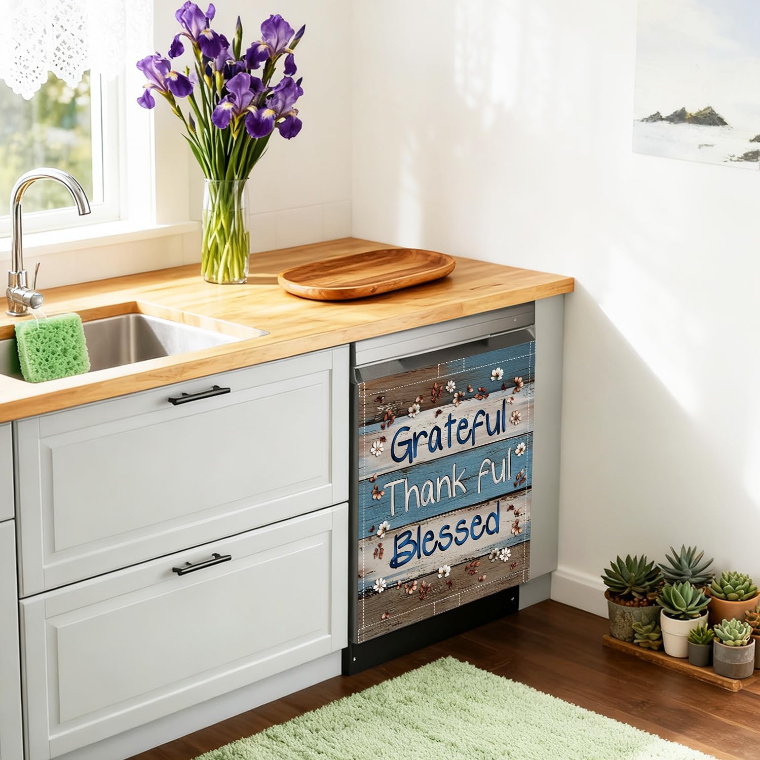 Vintage Wood Board Dishwasher Magnet Grateful Thankful Blessed Rustic Wood Design Dishwasher Sticker Decorations for Kitchen Fridge Dishwasher Kitchen Refrigerator Cover