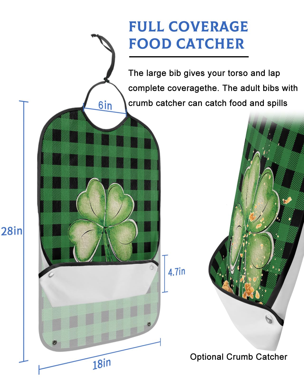 St. Patrick's Day Adult Bibs for Eating, Waterproof Bibs with Food Catcher & Adjustable Snap Closure, Green and Black Checkered Lucky Four Leaf Clover Clothing Protectors Adult Bibs for Elderly