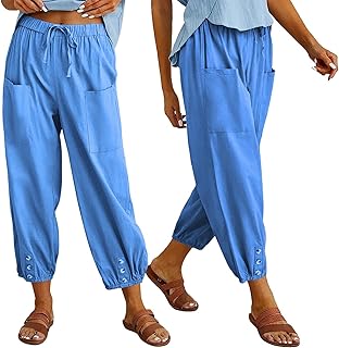 MARSVOVO Women's High Waist Style Loose Pants Drawstring Capri Pants with Pockets Wide Leg Ankle Cropped Pants for Women