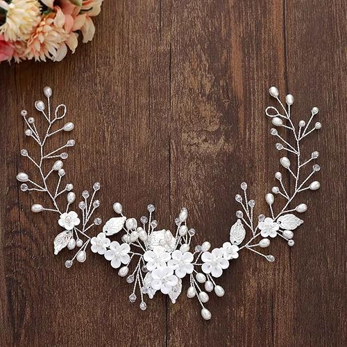 Miniatura 8 de Unicra Silver Bride - Accesorio para el cabello de novia, diseño de flores de vid, accesorios para el cabello de perlas, tocados de hoja, joyería