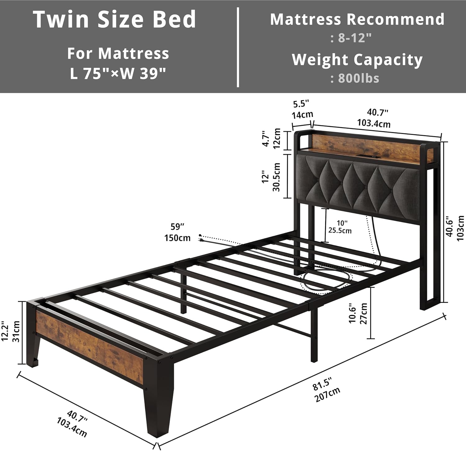ANCTOR Twin Bed Frame, Upholstered Tufted Headboard, Storage Shelves & Charging Station, No Box Springs Needed, Sturdy, Noise-Free, Modern Vintage Style