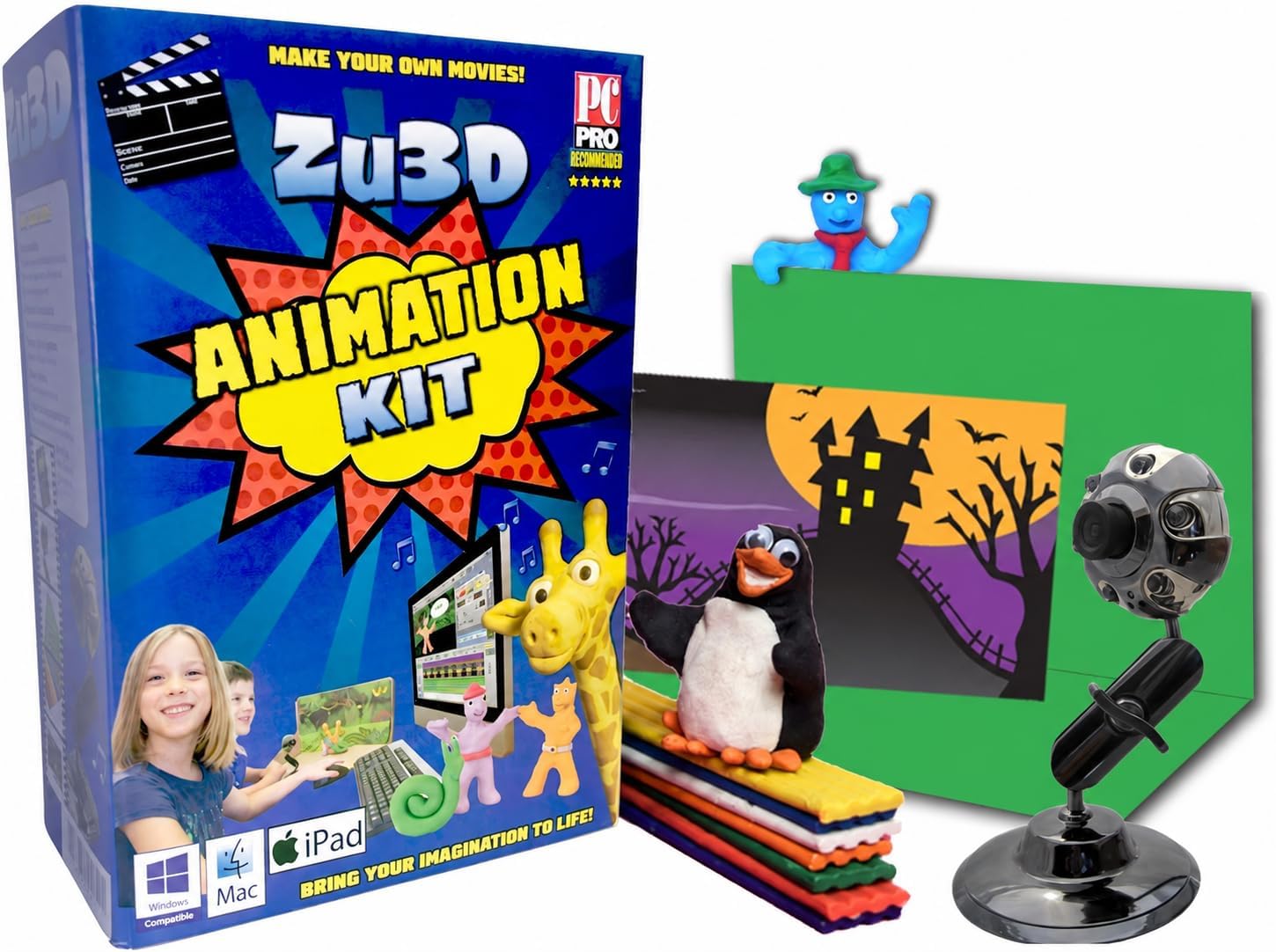 Zu3D Stop Motion Animation Kit for Kids with HD USB Camera, Green Screen, Modelling Clay, Handbook and Two Software Licences for Windows, Mac and iPad