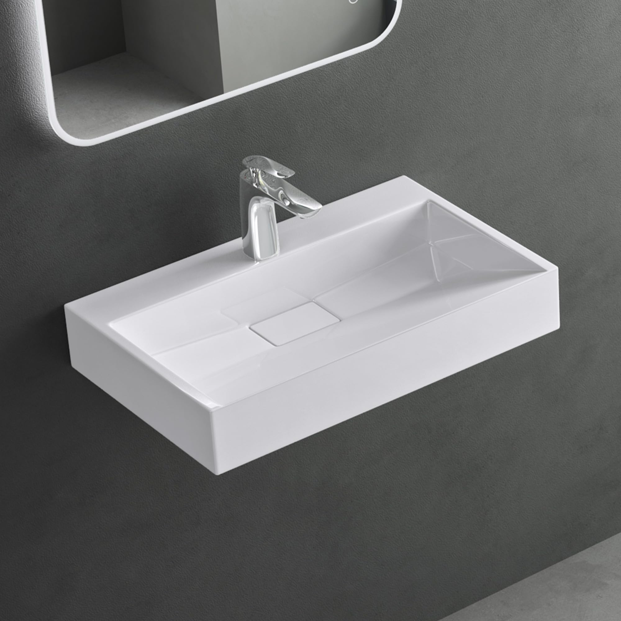 Mai & Mai Waschbecken Weiß Aufsatzwaschbecken Hängewaschbecken Hängewaschtisch inkl. Ablaufgarnitur Mineralguss Rechteckig Waschplatz 1 Armaturenloch Breite: 60cm