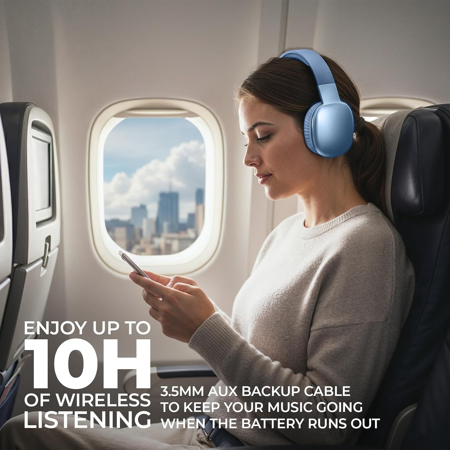 iJoy Ultra Wireless Over-Ear Bluetooth Headphones with Mic, Up to 10 Hours Playtime, Bluetooth Headset 33Ft Range with Backup AUX Cable & SD Slot, Wireless Headphones for Gaming, Work & Gym (Blue) - Image 5