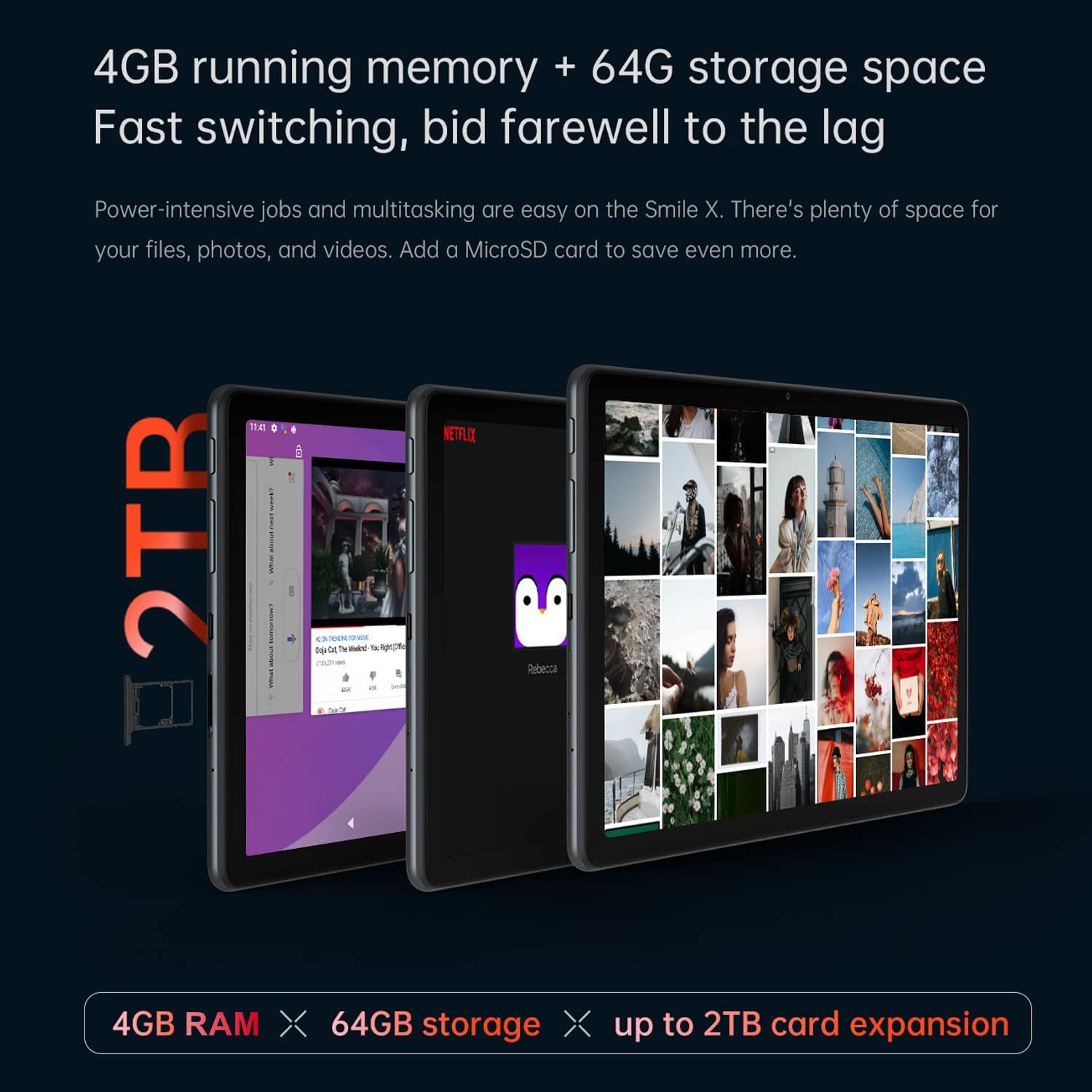 Tablet showing 4GB RAM and 64GB storage with 2TB expansion
