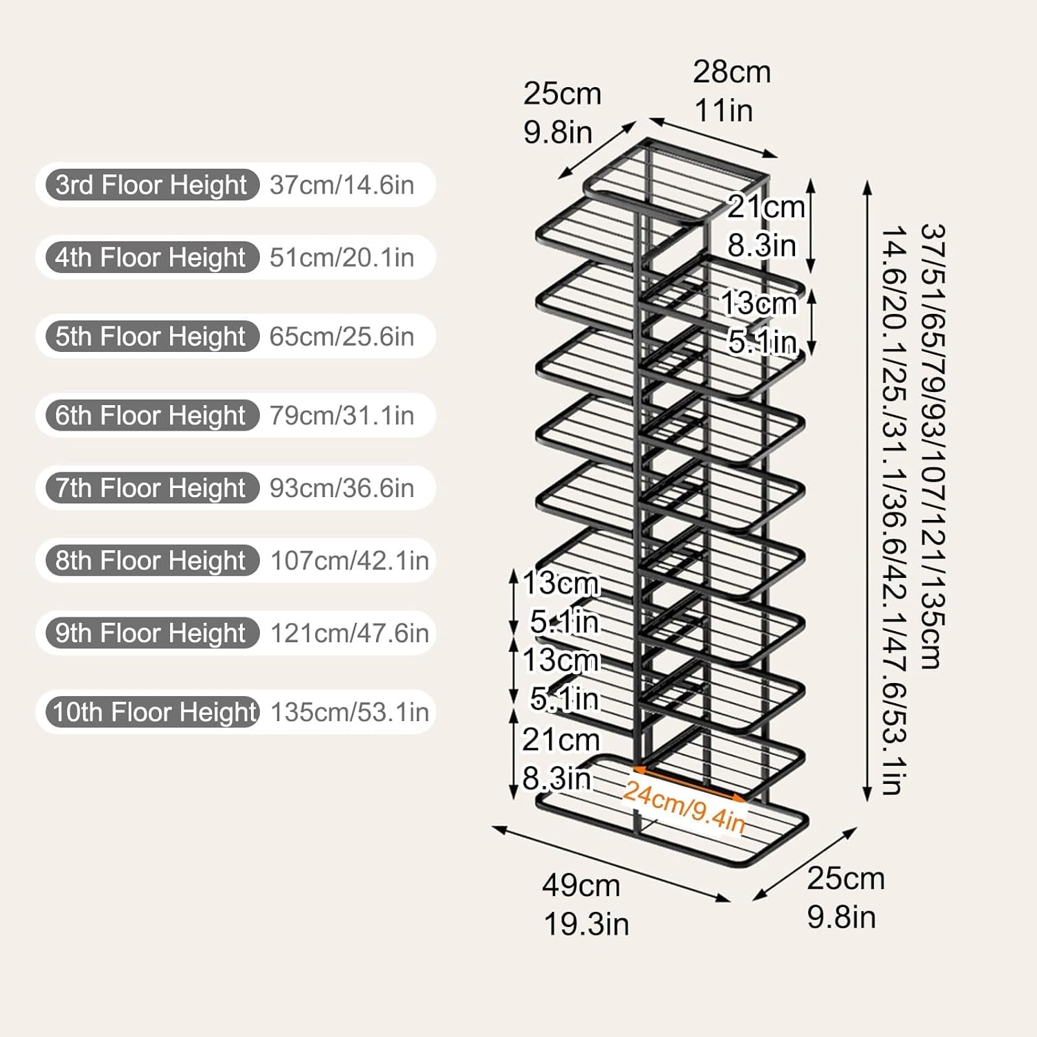 TBQATNTS Narrow Vertical Shoe Rack Organizer, Space Saving Freestanding Shoe Storage Cabinet with Metal Frame for Entryway, Hallway and Small Spaces,Gold,19.3x36.6in