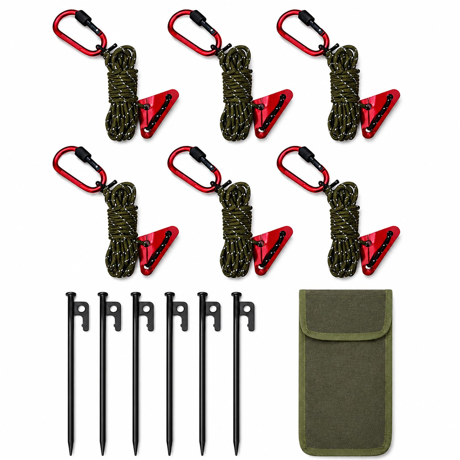 Camping Guyline Kit with Carabiner, 6 x 4m Reflective Tent Guy Ropes, 6 x 30cm Metal Tent Pegs, Rope Tensioners and Carry Pouch for Tents, Tarps, Canopies, Awnings and Shelters,Army green — image 1