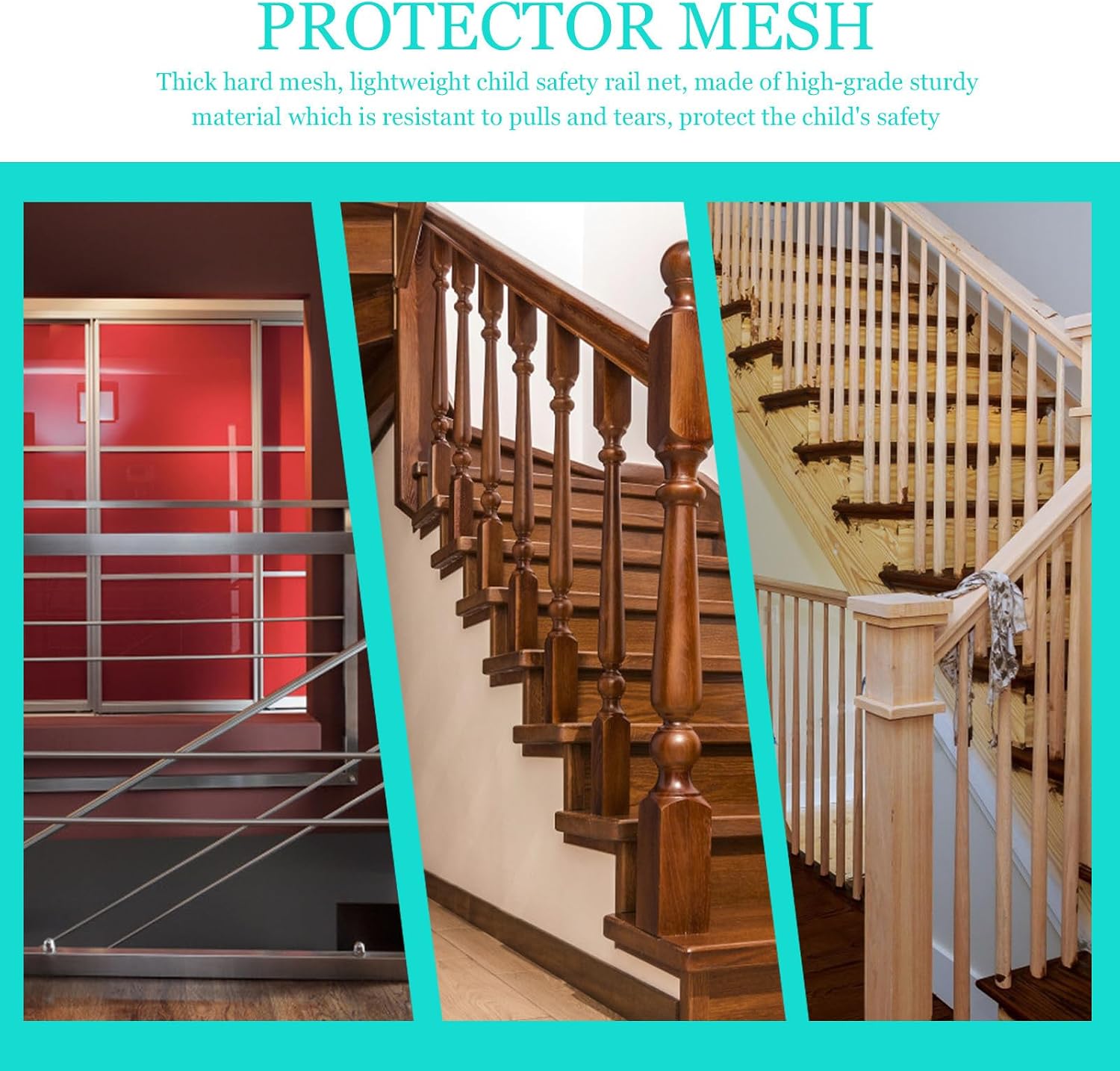 Safety Rail Net for Stairway and Balcony, Tear Resistant Polyester Banister Guard Mesh, Lightweight and Easy Clean Protective Net and Pets Random Color