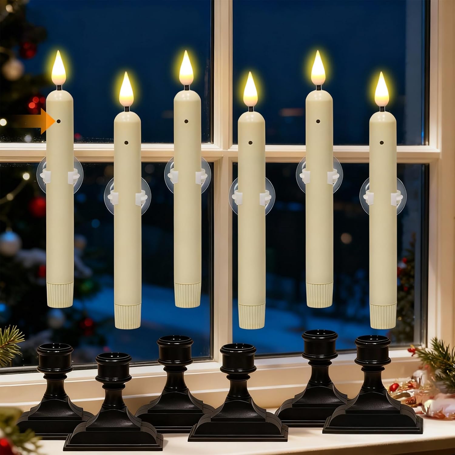 Window Candles with Sensor Dusk to Dawn, Christmas Battery Operated Window Candles with Black Holder and Suction Cup, LED Flameless Taper Candlesticks for Home Decorations (Ivory, Set of 6)
