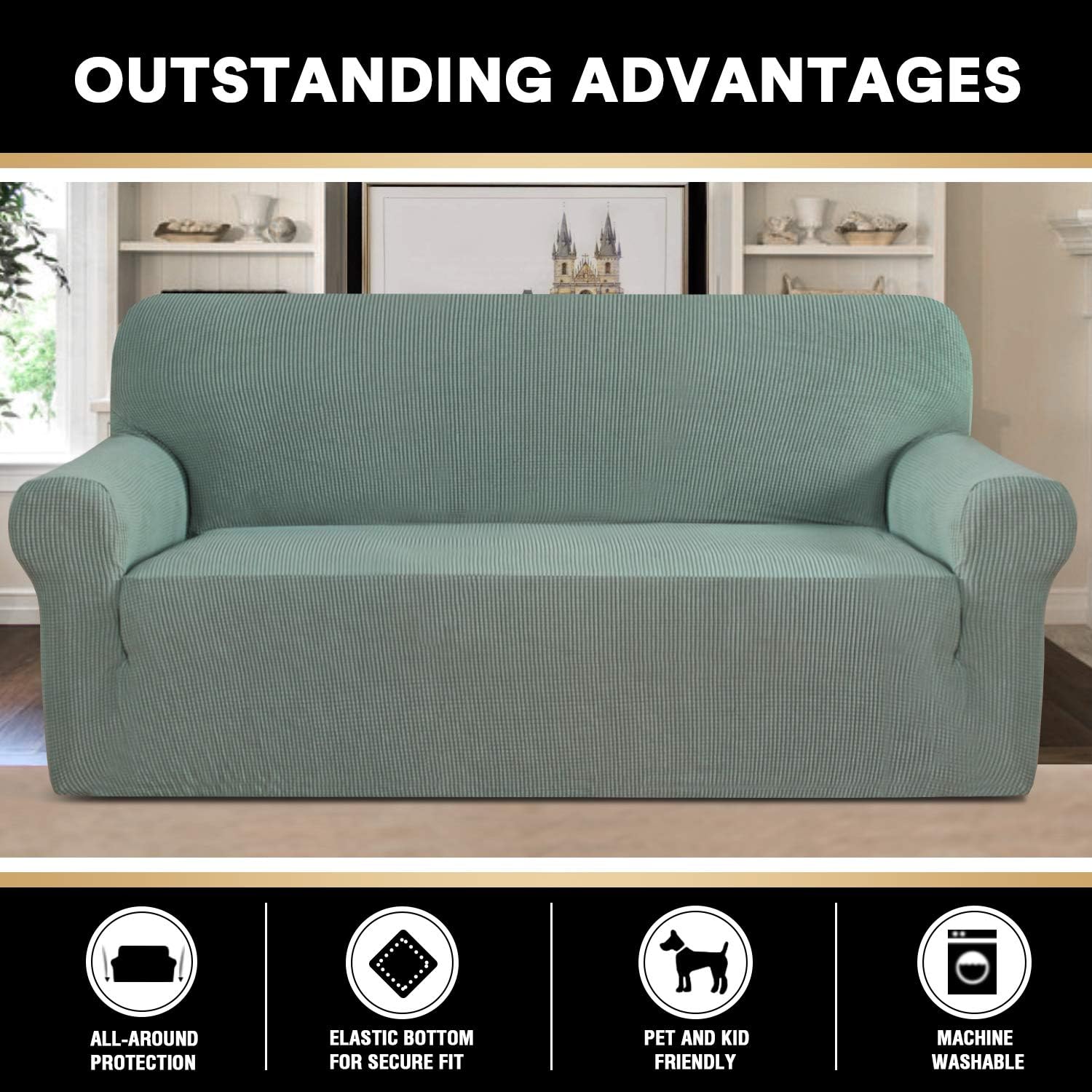 Stretch Loveseat Cover Bundles Sofa Slipcover, Furniture Protector, Plaid Pattern, Removable and Washable, Sage
