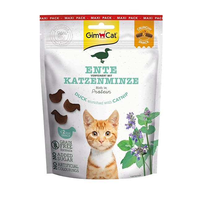 GimCat Snacks crujientes de Pato con Hierba gatera - Golosinas para Gatos crujientes y ricas en proteínas