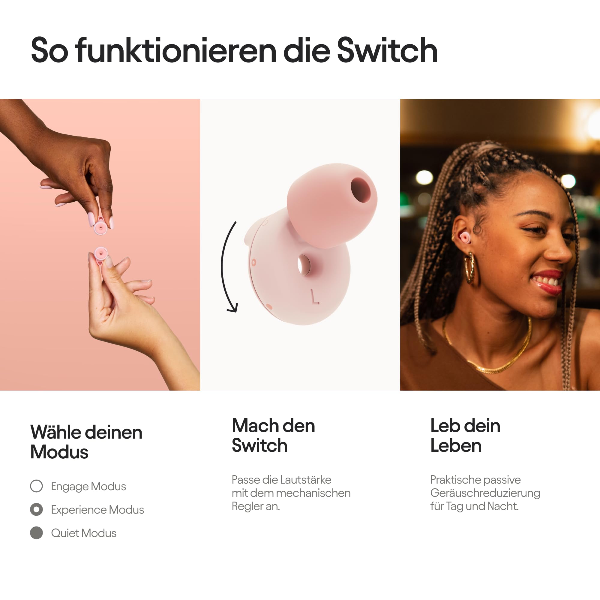 Loop Switch – Geräuschreduzierende Ohrstöpsel mit 3 Modi | Anpassbarer, passiver Gehörschutz für Konzentration, Reisen, Konzerte, Geselligkeit, Sport & Geräuschempfindlichkeit | Wiederverwendbar