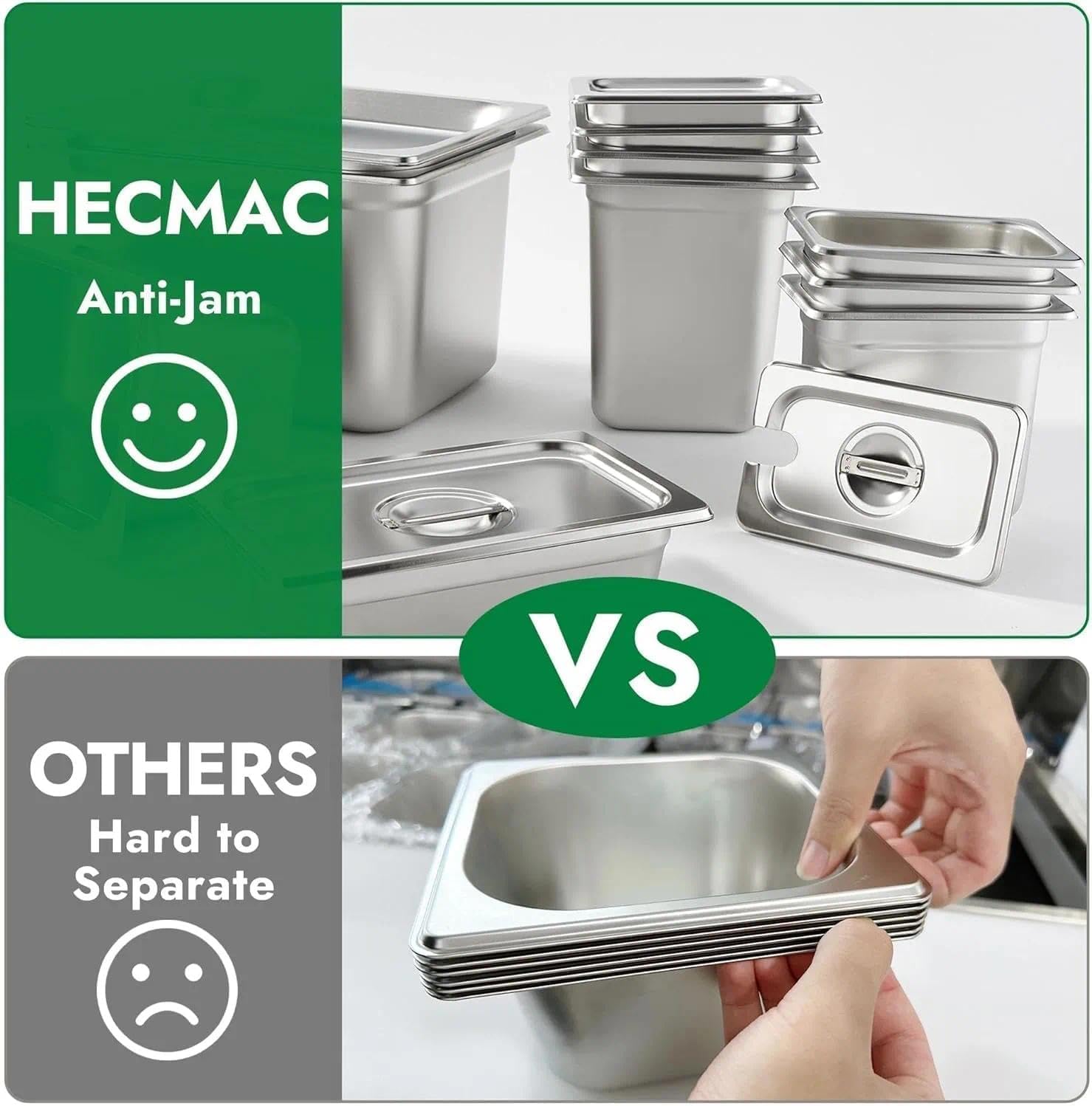 HECMAC 6 Pack Anti-Jam Hotel Pans, 1/6 Size 2 1/2 Inch Deep, Commercial Stainless Steel Chafing Steam Table Pan, Catering Storage Metal Food Pan, 23 Gauge - Image 3