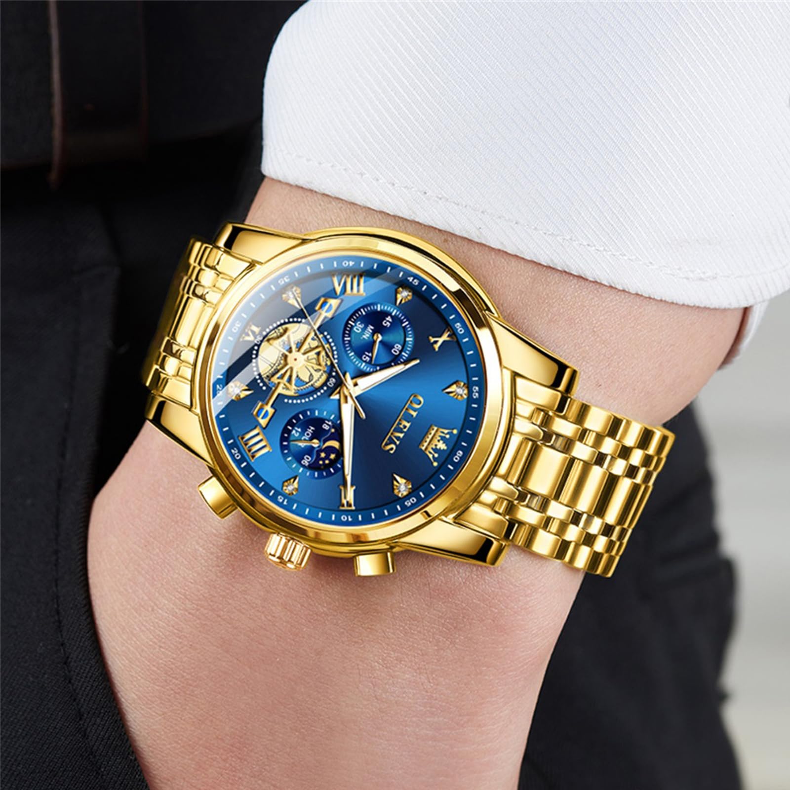 OLEVS Reloj para Hombre, con código de Tiempo, Correa de Acero Inoxidable, Resistente al Agua, Multifuncional, subesfera, Reloj de Negocios, Cuarzo Redondo