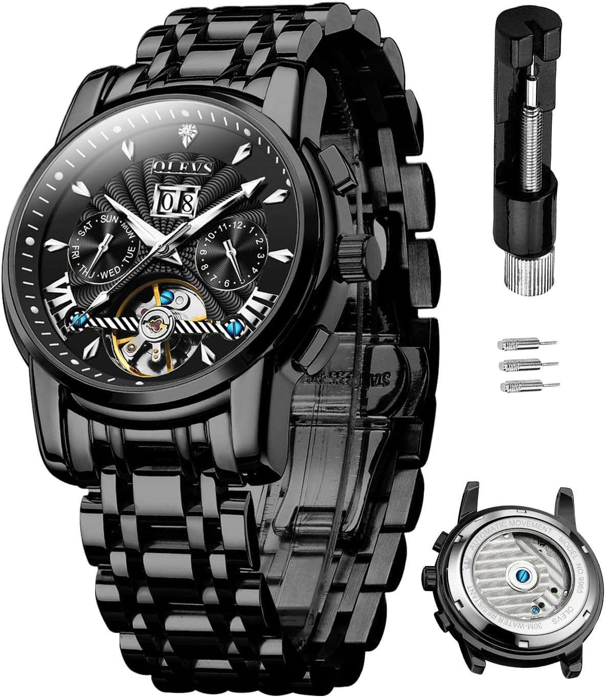 OLEVS Watches for Men Automatic Skeleton 5 Hands Mechanical Luxury Watch Classic Calendar Stainless Steel Waterproof Mens Wrist Watch