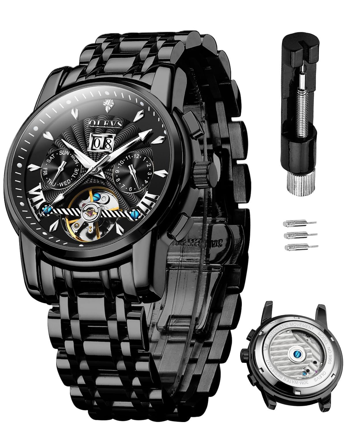 OLEVSWatches for Men Automatic Skeleton 5 Hands Mechanical Luxury Watch Classic Calendar Stainless Steel Waterproof Mens Wrist Watch