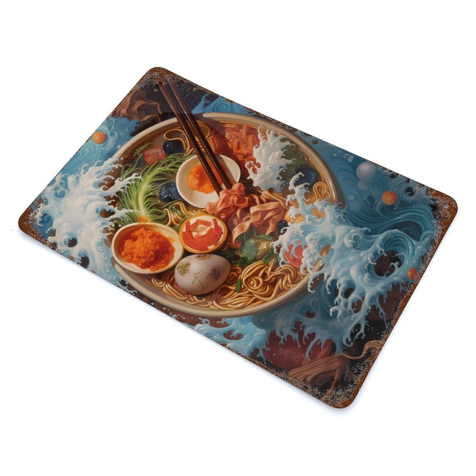 Rust Effect Wave Off Kanagawa Ramen Distressed Metal Wall Sign 11.8"x7.9", Decorative Metal Wall Art for Living Room, Hallway And Home Decor
