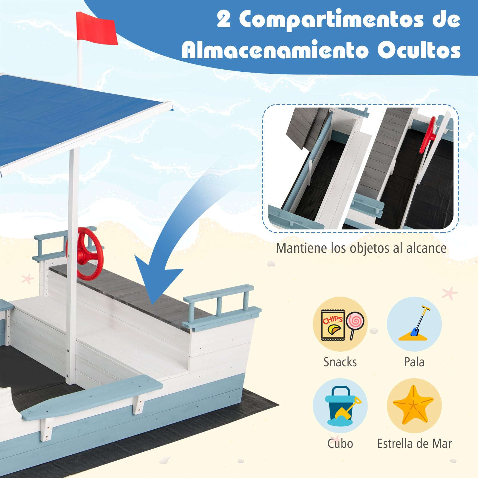COSTWAY Arenero Infantil de Madera de Abeto con Toldo, Caja de Arena con Bandera, Timón, Asientos de Banco y Compartimentos de Almacenaje para Patio, Arenero para Niños al Aire Libre