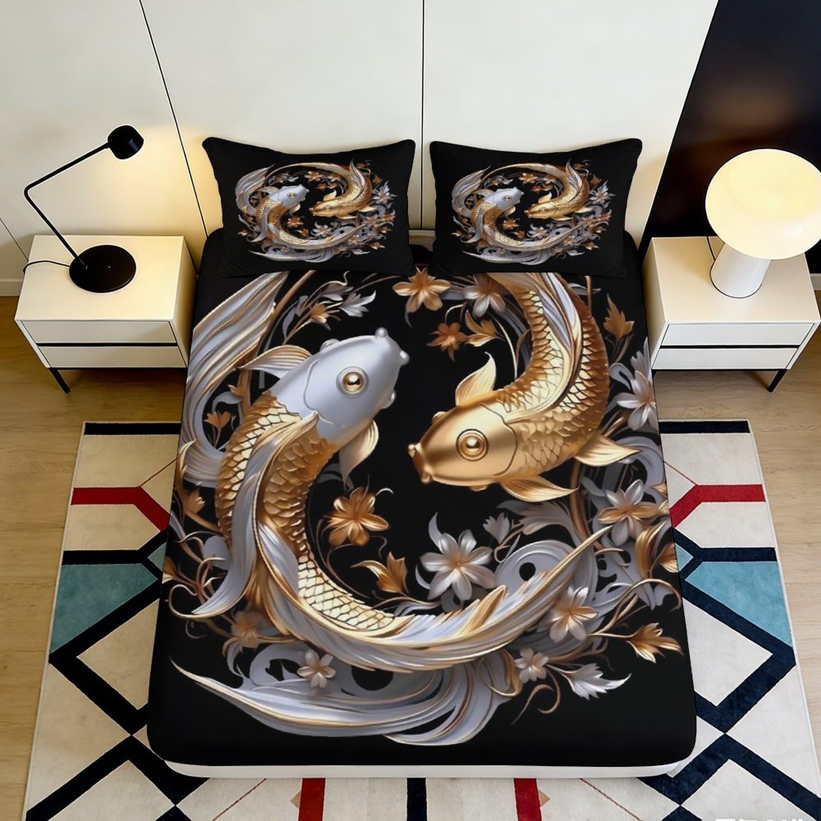 3D Printed Golden Koi Fitted Sheet Microfiber Artistic Black Silver Koi Bed Cover for Bedroom Guest Room Decor 90x200x25cm