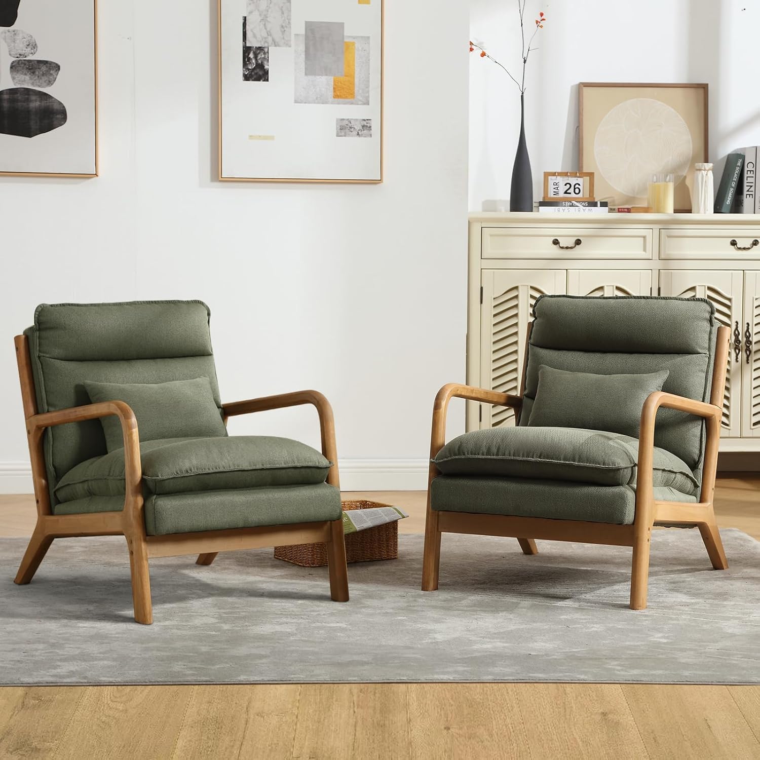 Mid-Century Modern Accent Chair Set of 2, Upholstered Living Room Chairs with Waist Cushion, Reading Armchair for Home, Bedroom (Blackish Green 2)-image-46