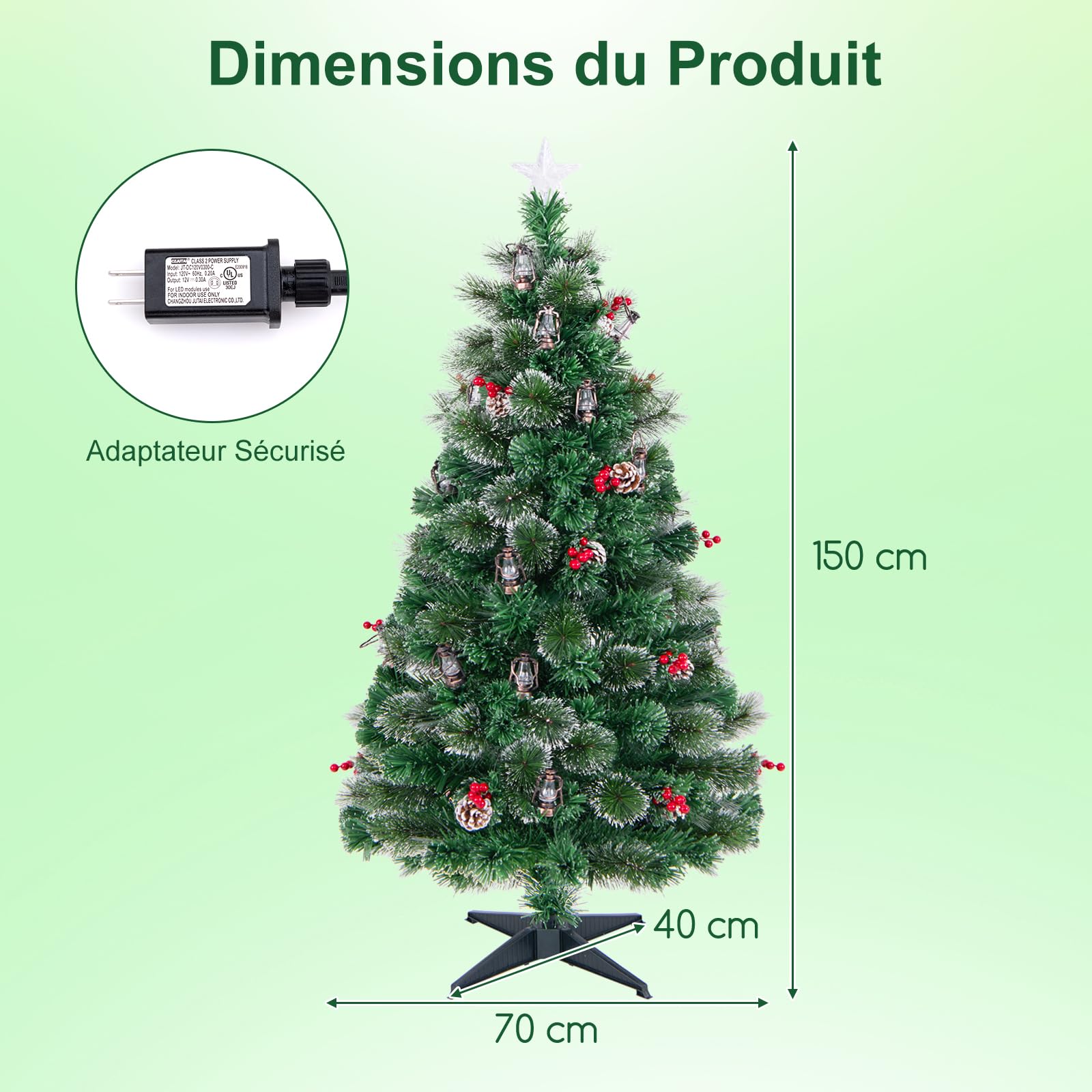 GYMAX Sapin de Noël Articiciel 150cm Lumineux, 49 Lumières LED, 8 Modes d'Éclairage, 2 Sections, Pommes de Pin Naturels et Baies Rouges,