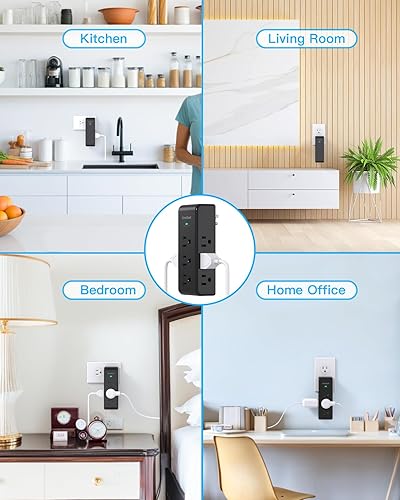 Miniatura 13 de Extensor de salida protector de sobretensiones con enchufe giratorio, 6 tomas de corriente alterna con 3 puertos USB (1 USB C), 1800 J, regleta Negro