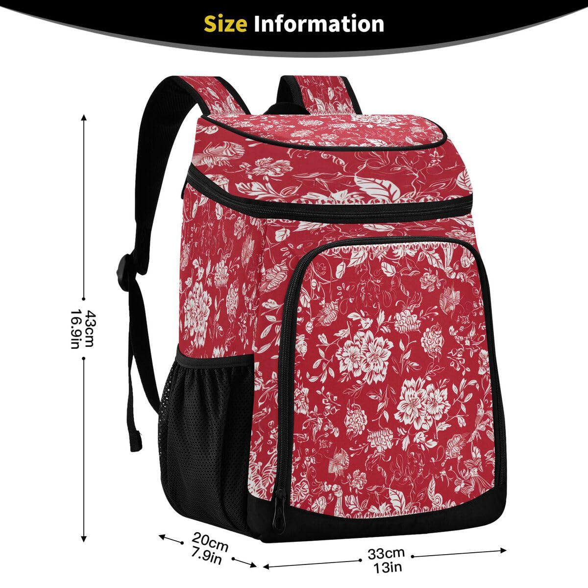Floral Blossom Red Cooler Backpack Leakproof Insulated Lunch Cooler Bag 30 Cans Camping Backpacks for Picnic Beach Road Trip