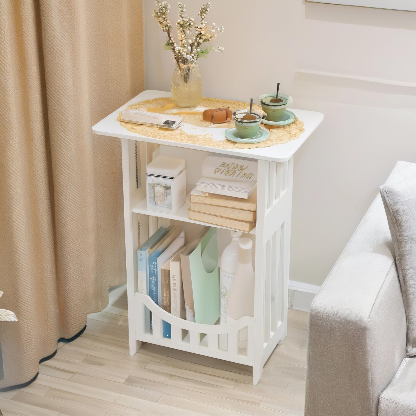 powerking Mesa auxiliar blanca de 3 niveles, mesita de noche pequeña con cesta de almacenamiento, estante de almacenamiento delgado para sala de estar, dormitorio, baño, oficina, balcón, pasillo