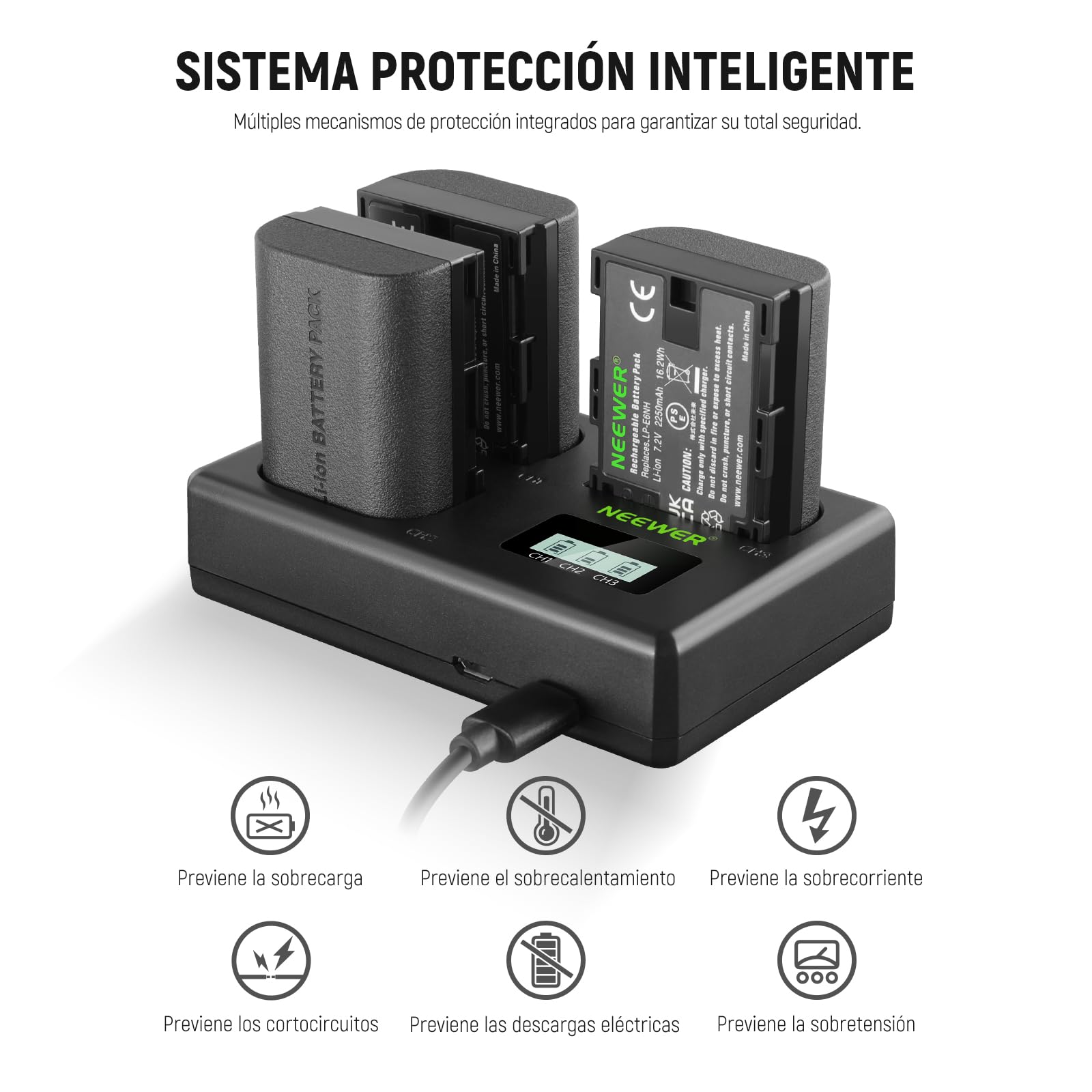 NEEWER LP-E6NH 3 Baterías Repuesto & Cargador USB Set, 3 Paquete 2250mAh para LP-E6NH con Cargador USB Triple Ranura, Paño Limpieza, Compatible con Canon EOS R7 R5 R6 R6 II R 5DIV 6DII 7DII 80D