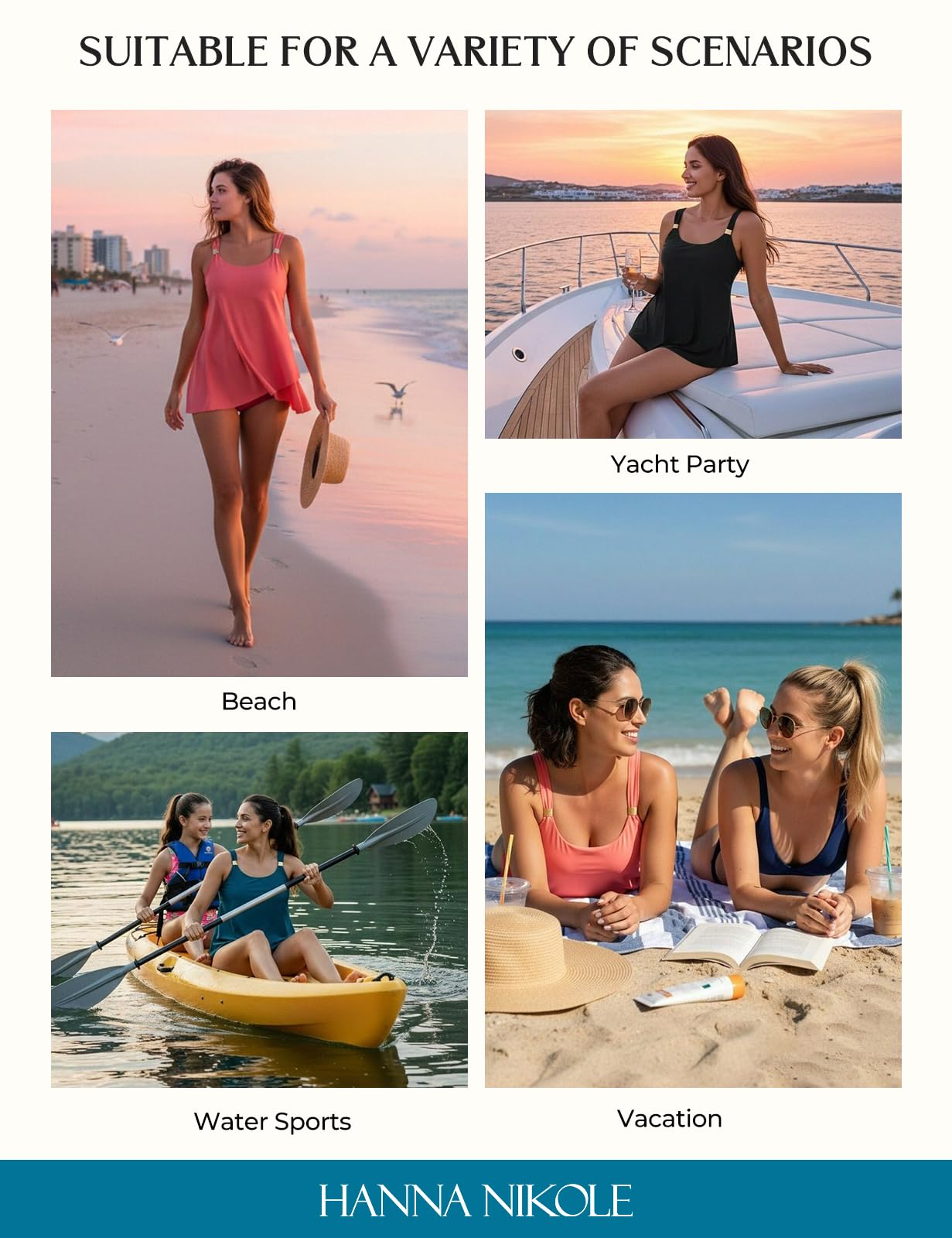 Hanna Nikole Haut tankini pour femme, haut de maillot de bain à bretelles réglables, haut de maillot de bain à ourlet fluide, haut de maillot de bain à col en U avec rembourrage (sans bas)