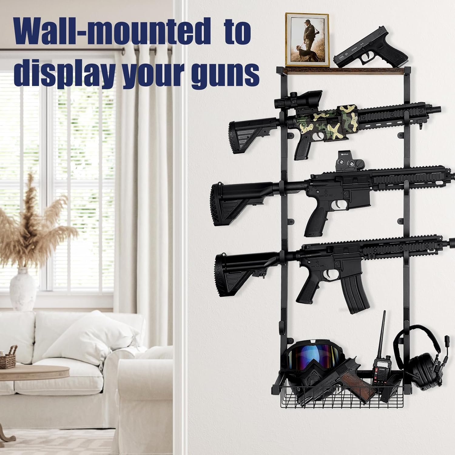 Gun Rack for Wall, 4 Gun Rack Wall Mount with Storage Basket, Rifle Racks Gun Display for Hunting Rifle Airsoft Gun Holder, Black (M- 4 Hooks)