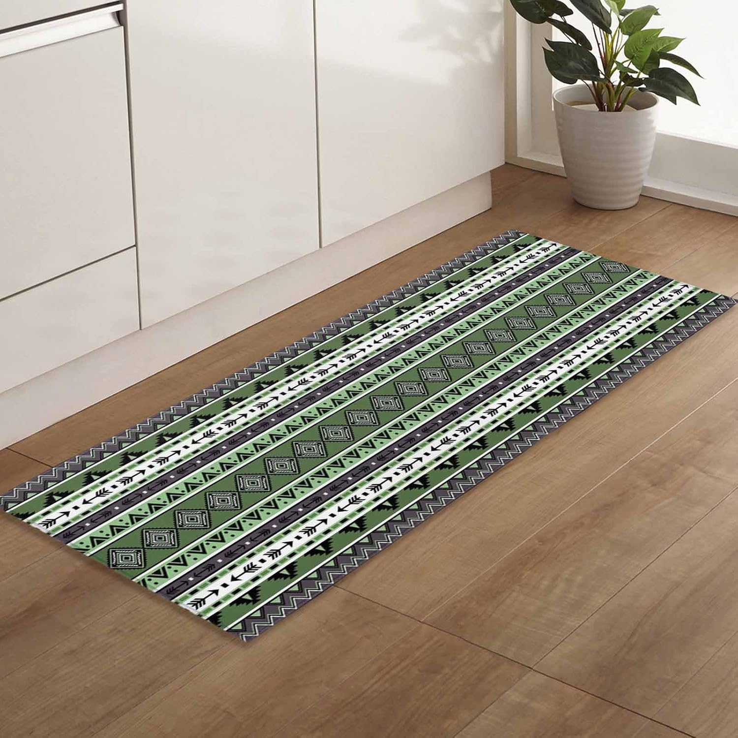 Teamery Kitchen Mats for Floor Green Stripe Vintage Boho Washable Non Slip Kitchen Rugs 1PCS, Abstract Tribe Geometric Absorbent Standing Mats for Sink Bathroom Office Living Room 23.6x70.9in