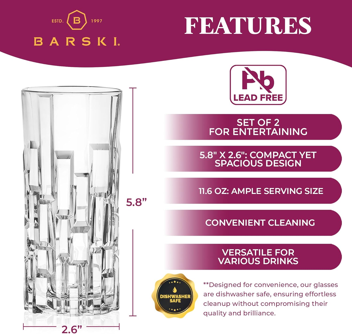 Barski Highball Glass - Drinking Glasses - Set of 2 Hiball Tumblers - Glass Crystal Tumbler - for Water, Juice, Beer, Mixed Cocktails, Mojito Glass, Tom Collins Bar Glassware, 11.6 oz, Made in Europe