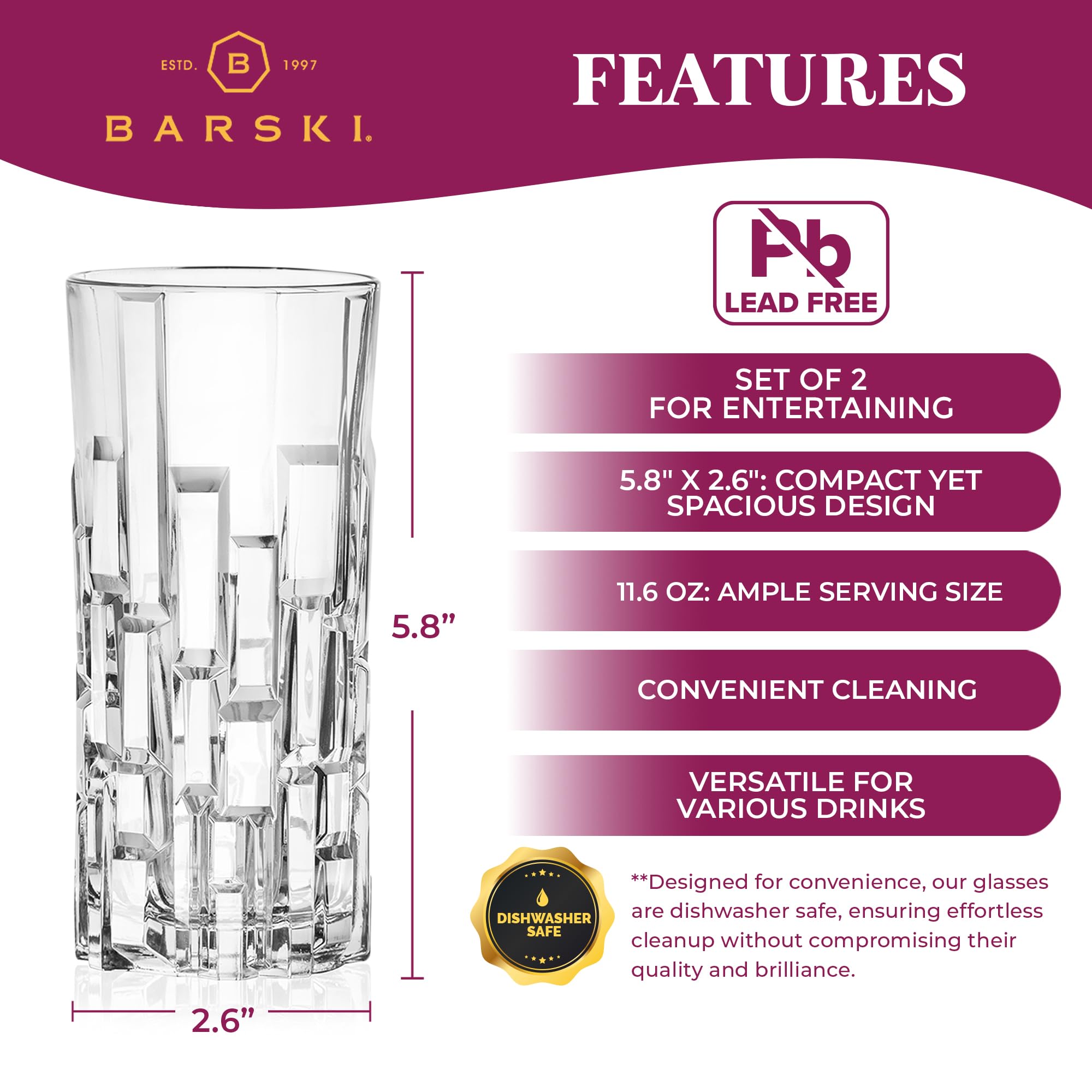 Barski Highball Glass – Juego de 2 vasos Hiball – Vaso de cristal – para agua, jugo, cerveza, cócteles mixtos, vidrio de mojito, cristalería Tom Collins Bar, 11.5 onzas, fabricado en Europa
