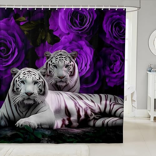 Cortina de ducha de tigre blanco, juego de cortinas de ducha de baño con rosas moradas, flores de animales salvajes, cortinas de baño impermeables