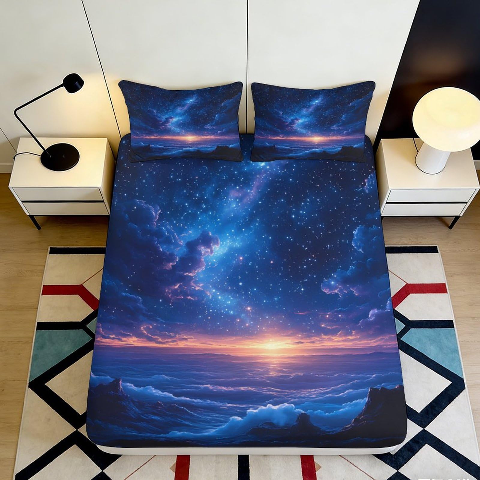 3D Printed Galaxy Starry Sky Fitted Sheet Microfiber Deep Pocket Bedroom Bedding Star Mattress Fitted Cover Non-Slip for Adults 200x200x25cm 90x200x25cm