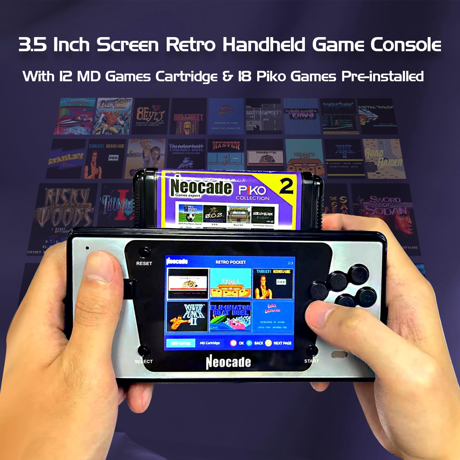 Retro-Spielkonsole für SEGA Mega Drive, Tragbare Pocket-Handheld-Konsole für Genesis MD, 12-1 MD-Spiele-Cartridges und 18 NES Spielen Eingebauten, 3,5" LCD-Bildschirm, 30fps, Auflösung 320x240