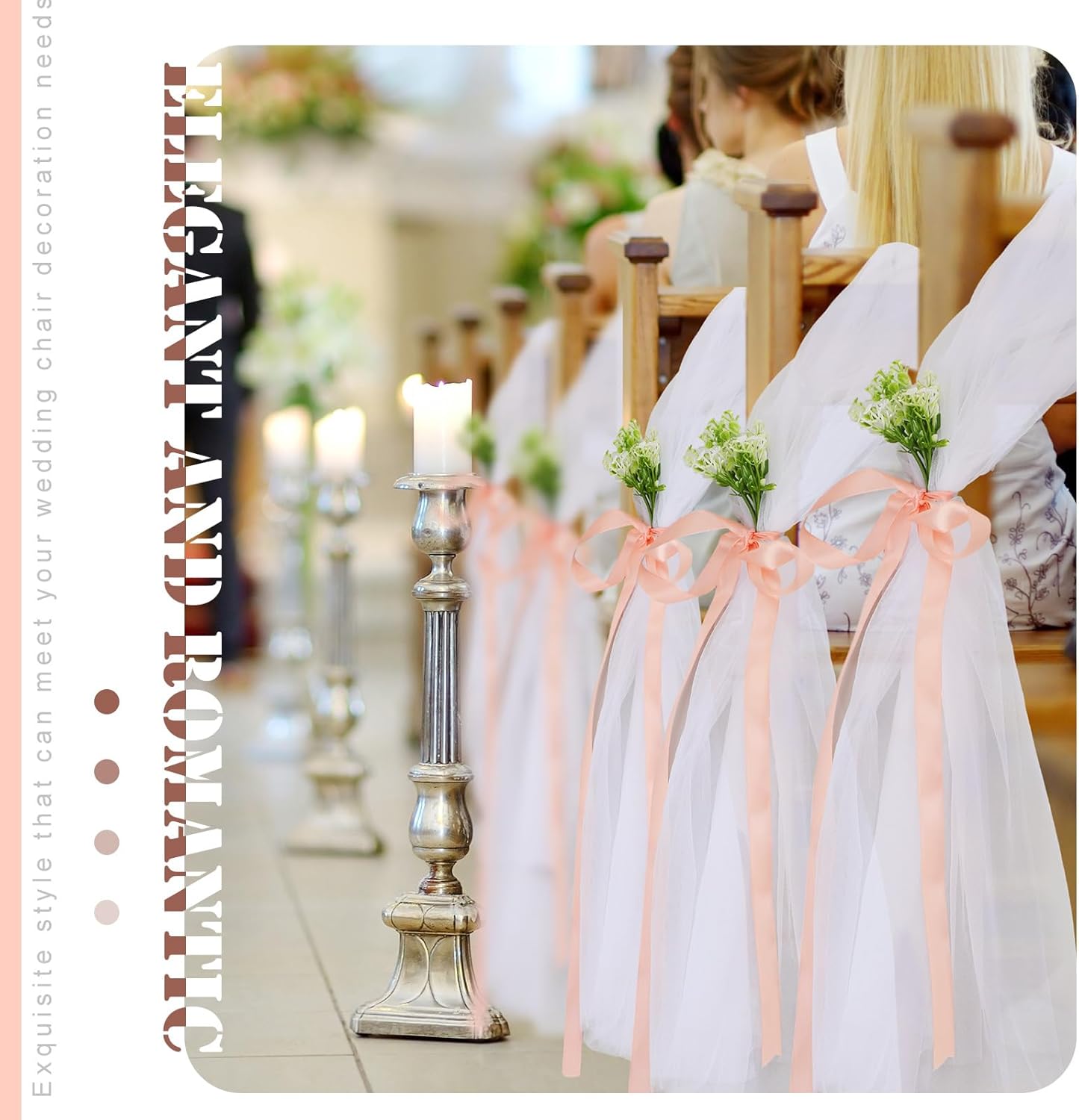 36 Pcs Wedding Aisle Decorations for Ceremony 24 Inch Wedding Pew Bows Tulle with Artificial Babies Breath Flowers for Church Chair Bench Pew Aisle Decor