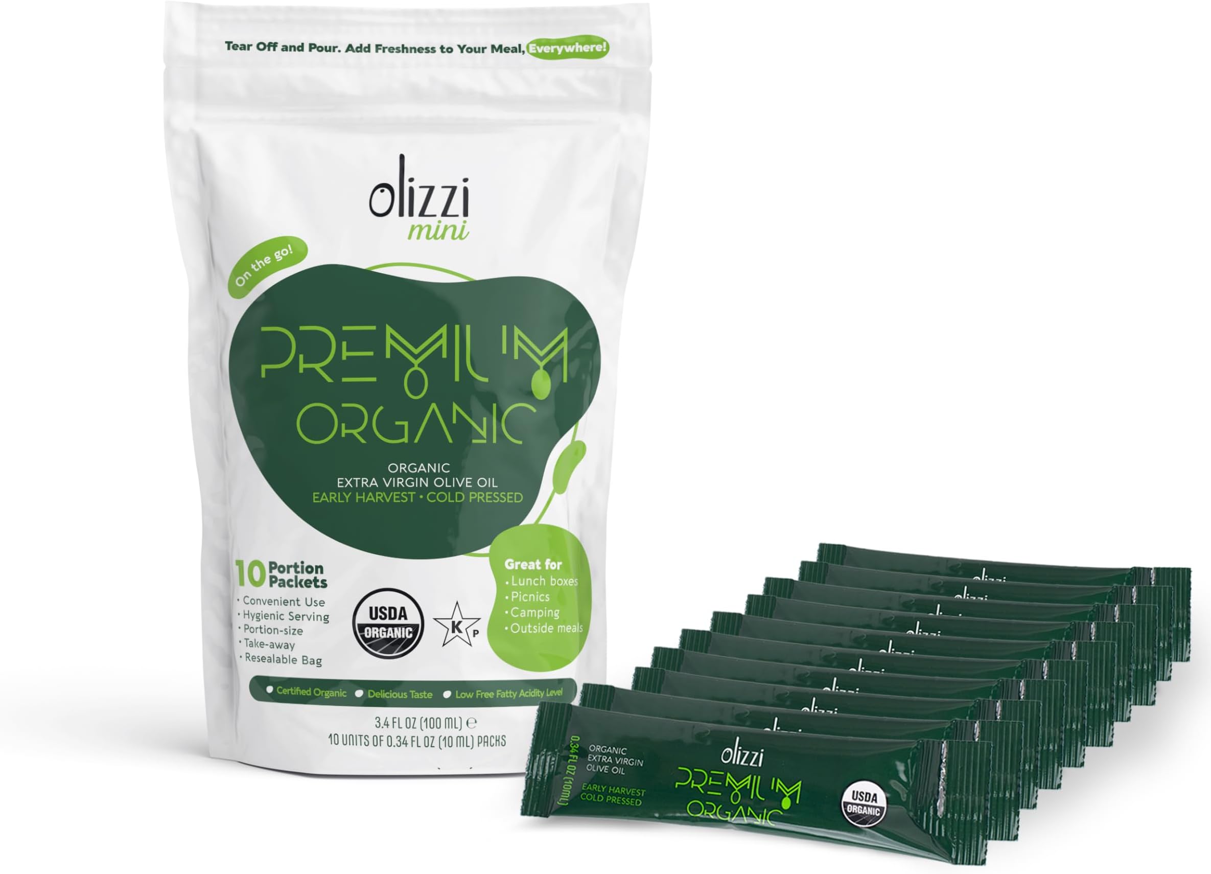 Olive Oil Packets - Olizzi Premium Organic Extra Virgin, New Harvest, Award Winning, Early Harvest, Cold Pressed, USDA Organic Certified, Single Serve, Mini, Salad Dressing To Go, Individual, Travel Size, 10 Single Use Packs (0.34 Fl Oz / Unit)