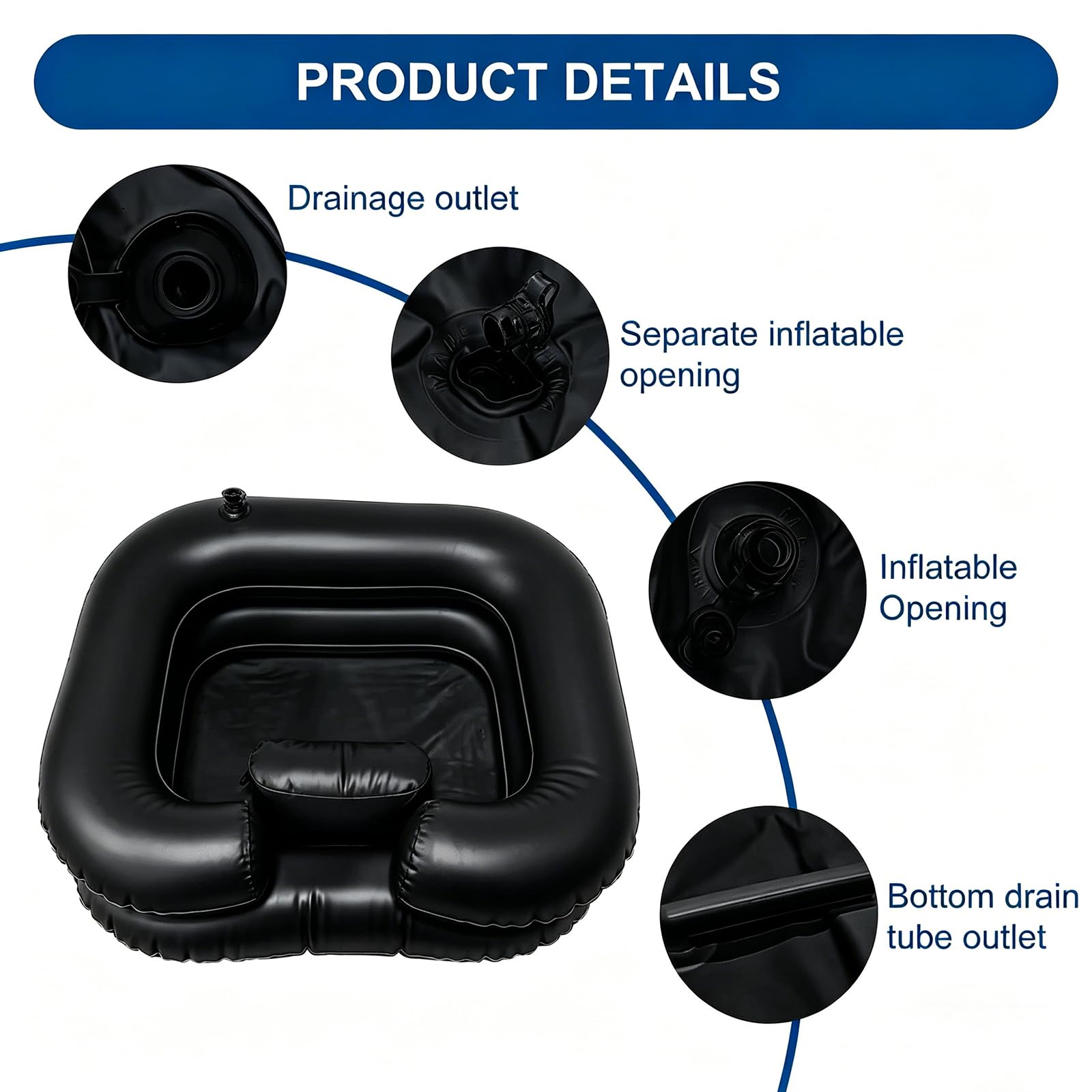 Lavacabezas Inflable de PVC Negro, Lavabo de Champú Portátil con Tubo de Desagüe 1 m, Cabezal de Ducha y Bolsa de Agua, Lavado de Cabello en Cama para Mayores, Embarazadas y Discapacitados