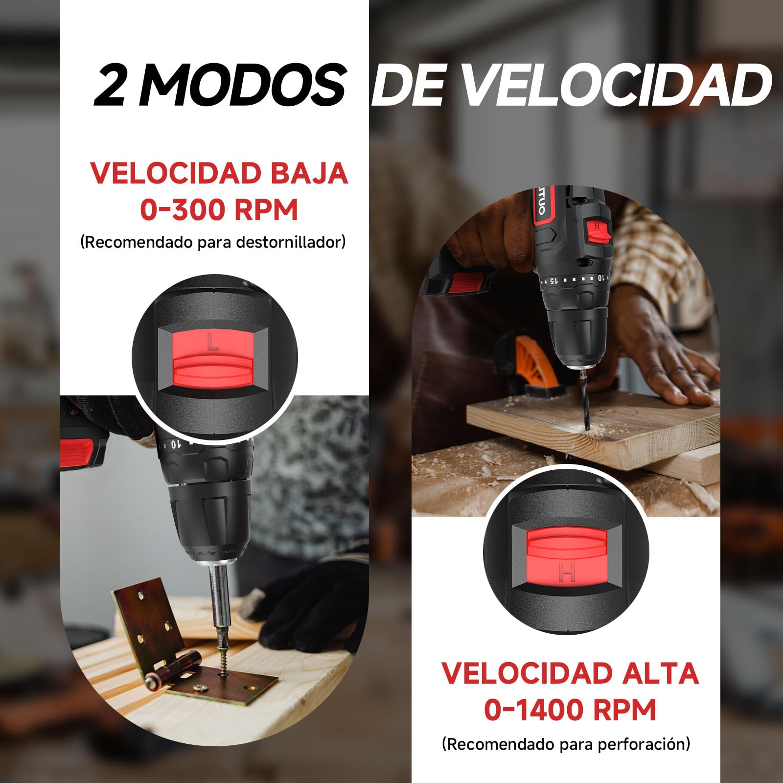 PULITUO 20V Taladro Percutor a Batería, Taladro Atornillador Batería c/ 2x2,0Ah, Portabrocas de 3/8", 2 Velocidades, 21+1 Pares, Con Set de Accesorios de 42 Piezas, Kit de Reparación Doméstica