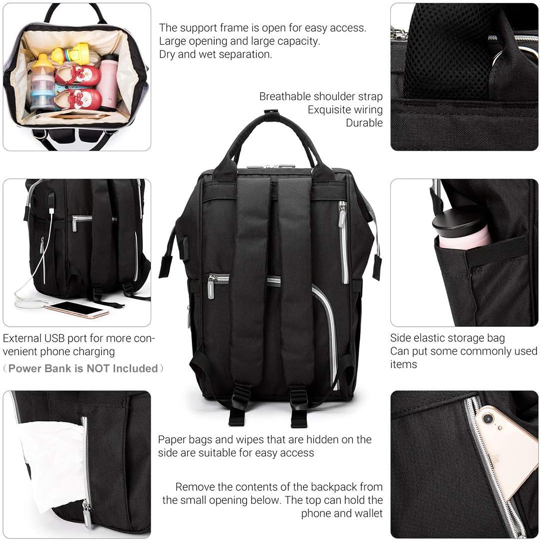 Diaper Bag Backpack, hopopower Multifunction Travel Backpack with USB Charging Port Best Gifts for Mom Baby Shower Baby Nappy Changing Bags, Roomy and Waterproof, Black