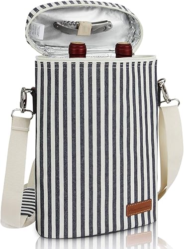 Bolsa para vinos con aislamiento, para 2 botellas, bolsa de viaje acojinada, con correa para el hombro y sacacorchos, regalo perfecto para los