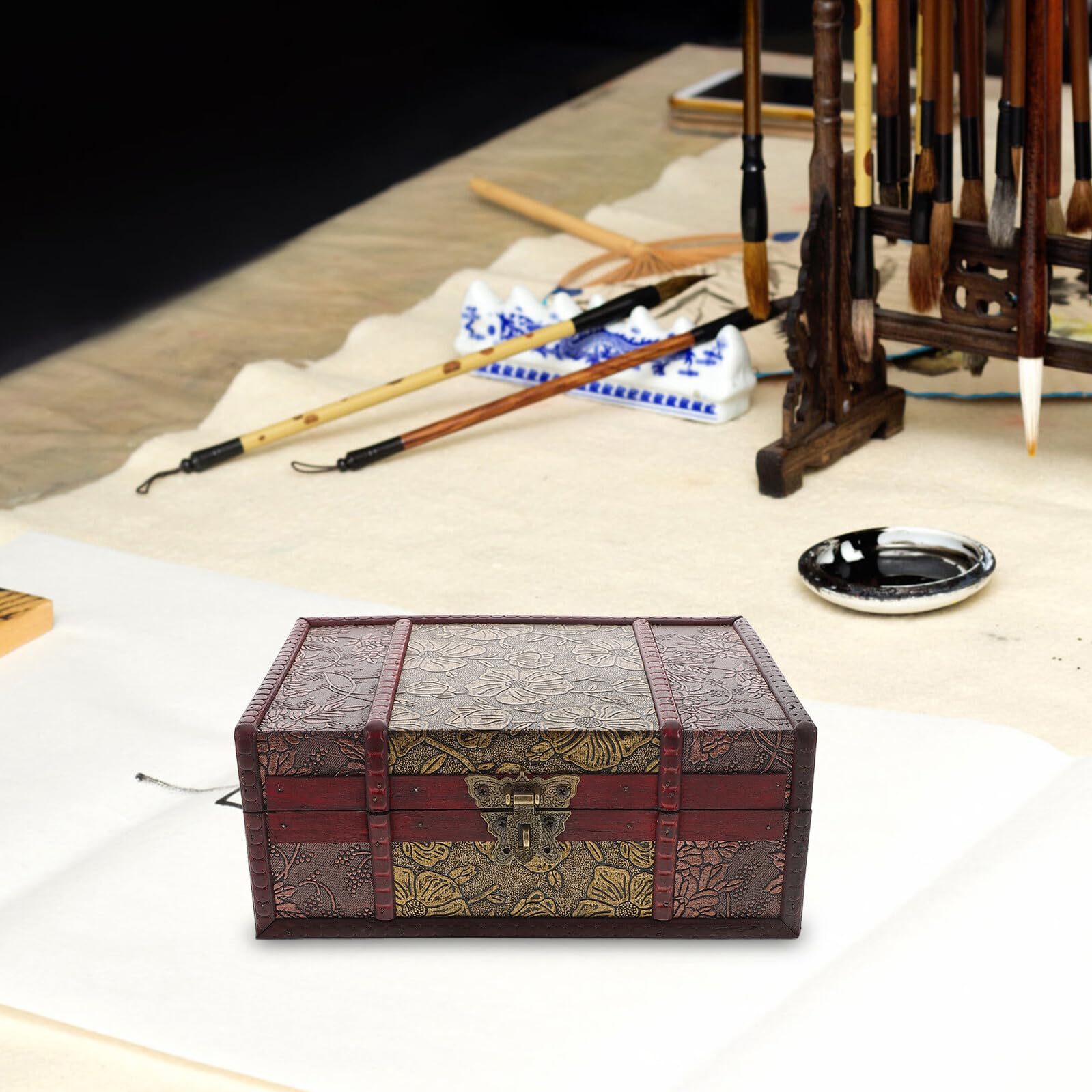 INOOMP Mehrzweck Holz Aufbewahrungsbox für Bibel und Schmuck Dekorativer Vintage Gallenversorgung Behälter für Kirche und Zuhause mit Eisenverzierung