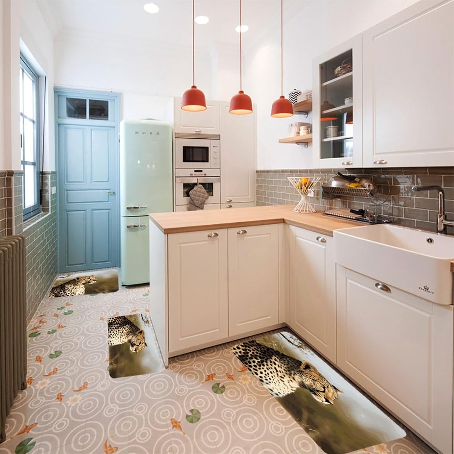 Wild Animal Leopard Kitchen Mats Soft Absorbent Rugs for Floor Non Slip Washable Kitchen Mats Fashion Rectangular Rugs for Three-Piece Set for Laundry Office Home Sink