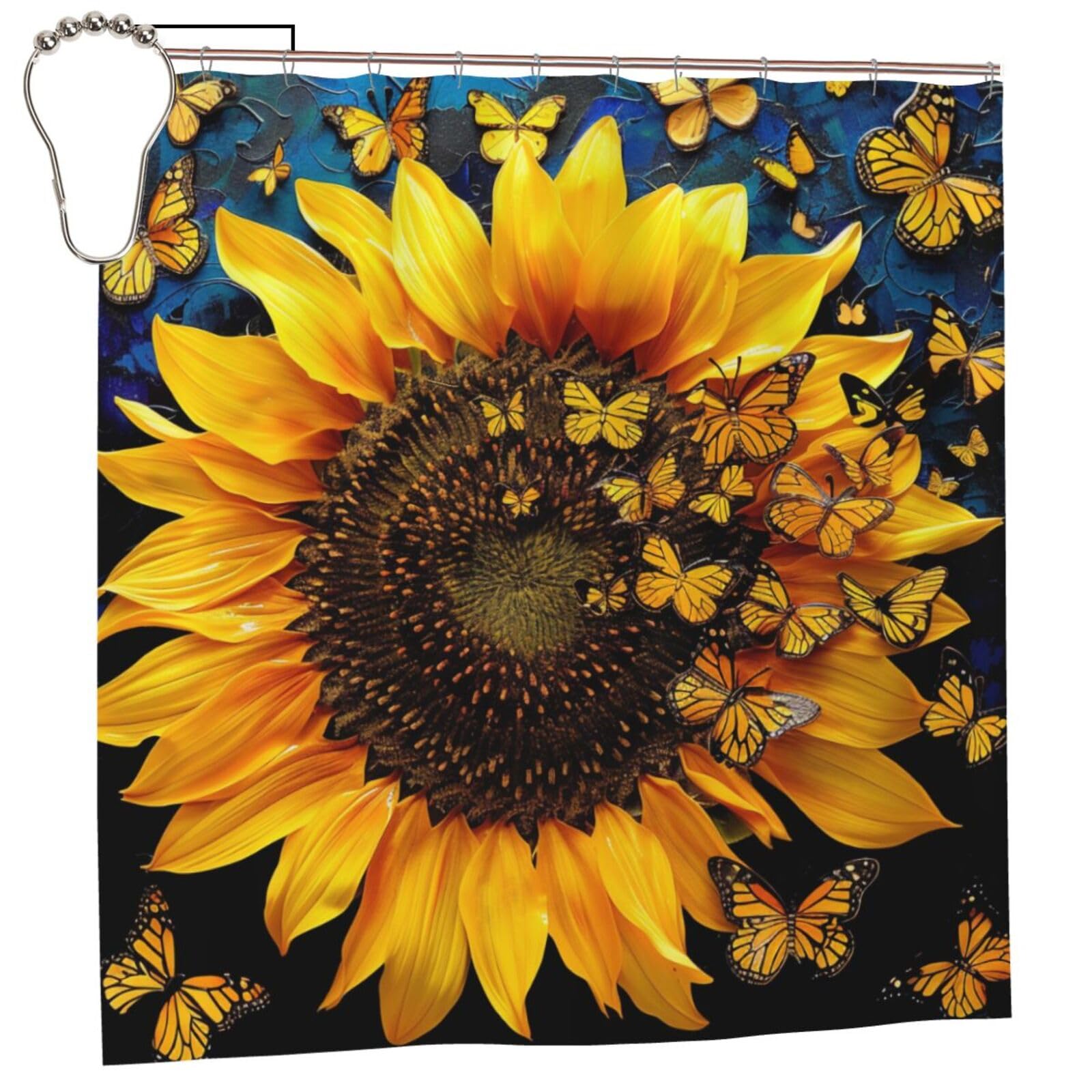 BWWHCCTI Sunflower Floral Butterflies Art Printed Shower Curtain With 12 Iron Hooks Opaque Quick Drying Waterproof Shower Curtains Sets For Bathroom 183x183 CM