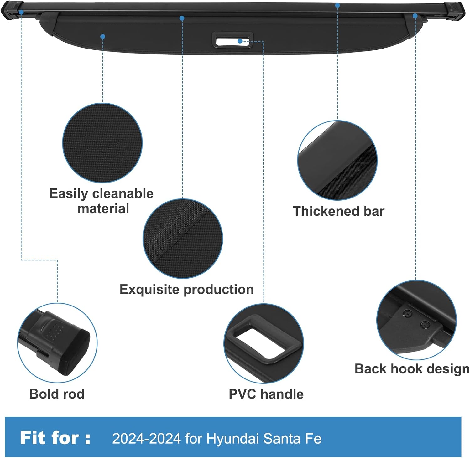 ECCPP Rear Cargo Cover Security Shade Retractable Shield 2024 for Hyundai Santa Fe 2024 for Hyundai Santa Fe 1.6L