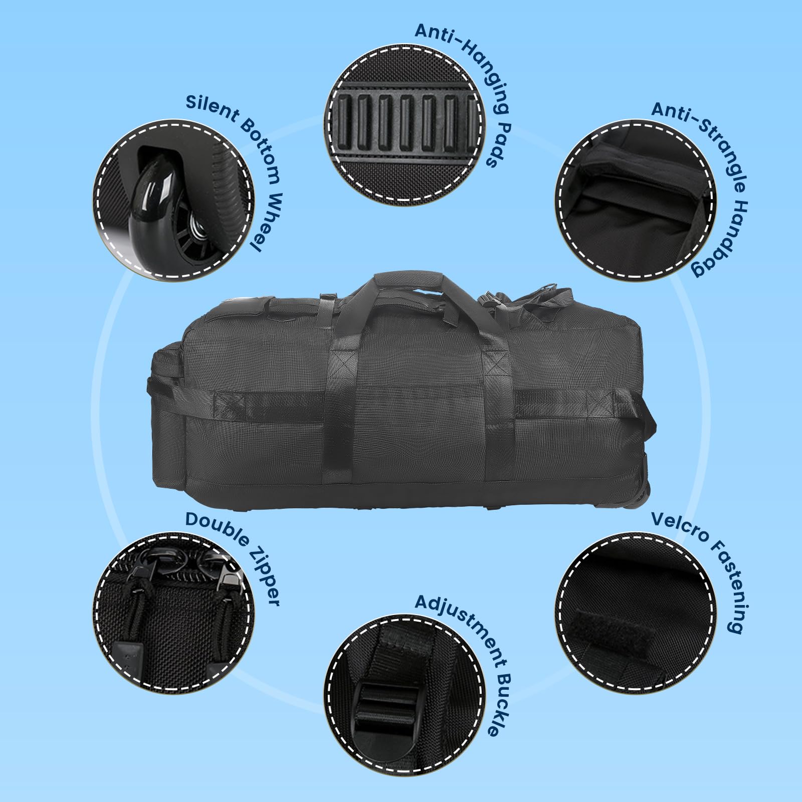 Bolsa de viaje plegable con ruedas, tamaño grande, 80 L, 3 en 1, mochila de equipaje de mano, maleta, 80 x 30 x 33 cm, resistente al agua, bolsa Oxford con 2 ruedas, color negro
