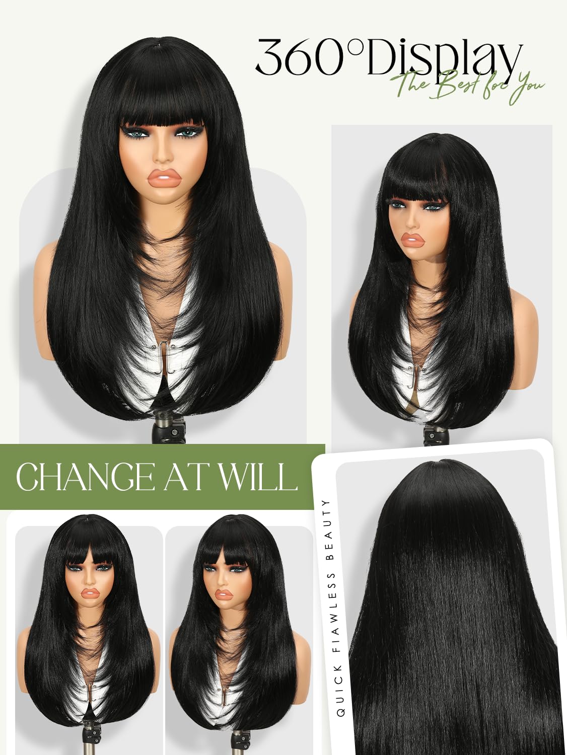 Quantum Love Long Black Hair Wig With Bangs Straight Layered Wigs For Black Women Synthetic Glueless Realistic Fiber Heat Resistant Natural Looking for Daily Party Cosplay